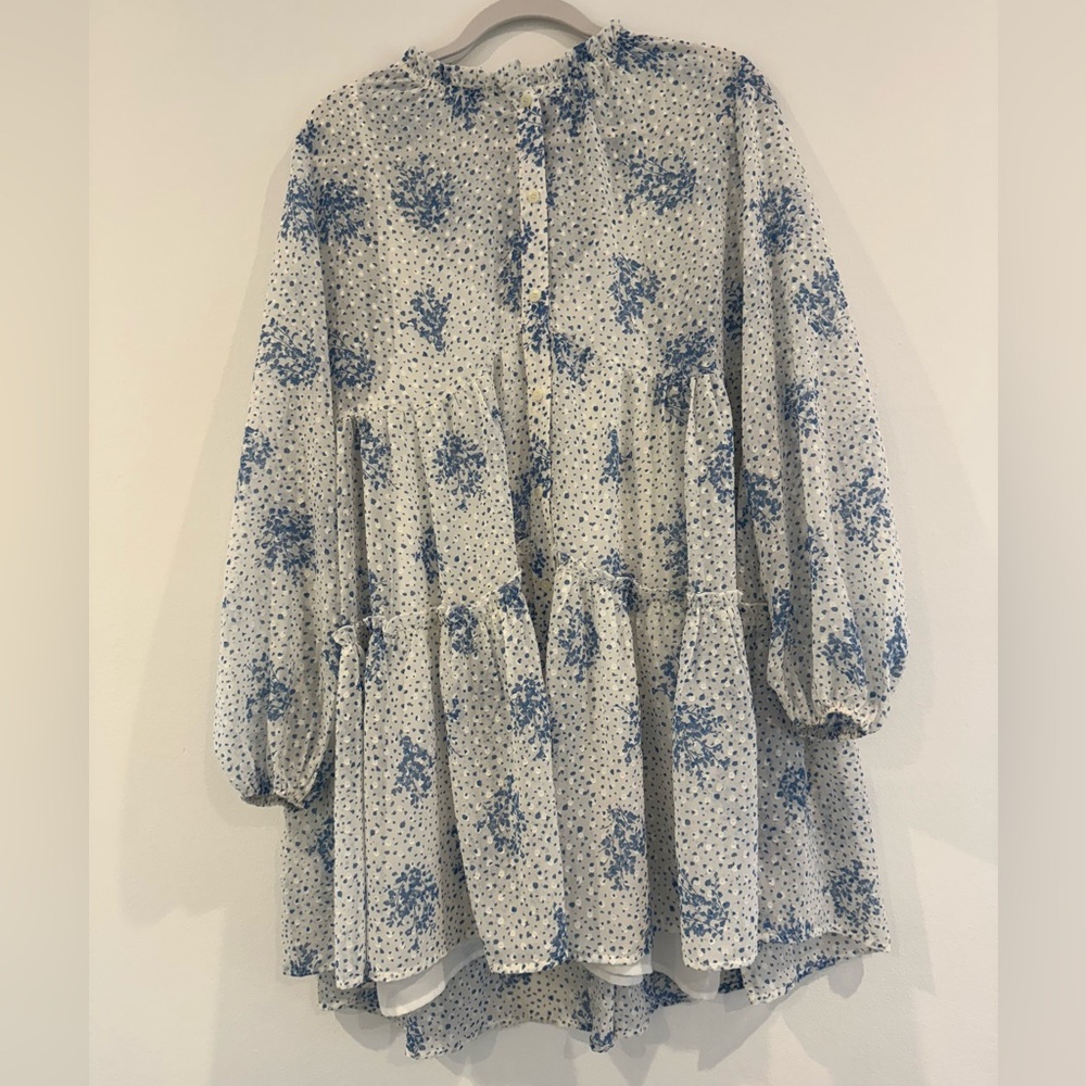Fate Blue Floral High Neck Balloon Long Sleeve Button Mini Dress Size S